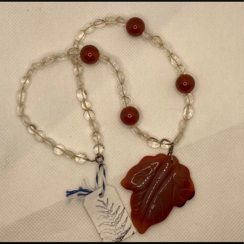 Brown Jade Leaf & Crystal Necklace – Artisan Carved, Estate Find - Picture 4 of 7